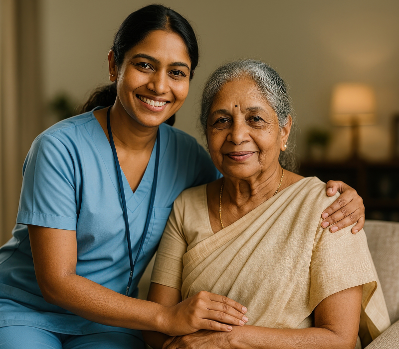 caregiver supports elderly woman warmly